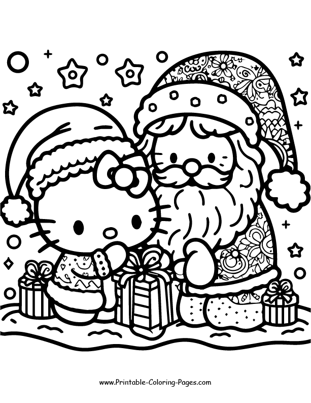 a coloring page of a cartoon character hello kitty christmas